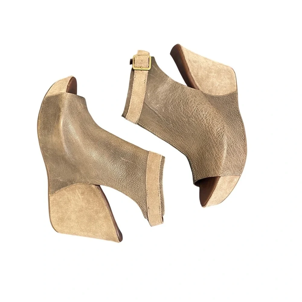 Kork-Ease Brown Leather Suede Wedge Sandals Peep Toe Ankle Strap Womens 10M